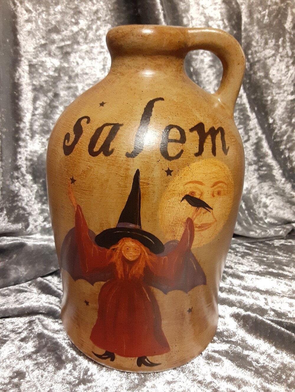 Folk Art Jug RANEY WHITE Artist SIGNED Halloween OOAK 2007 Salem Witch Celestial - Picture 6 of 8